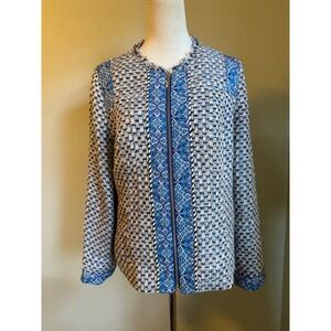 Chico's Tweed LS Jacket preppy Multi Blue Paisley Zip preppy boho cottage 8/10